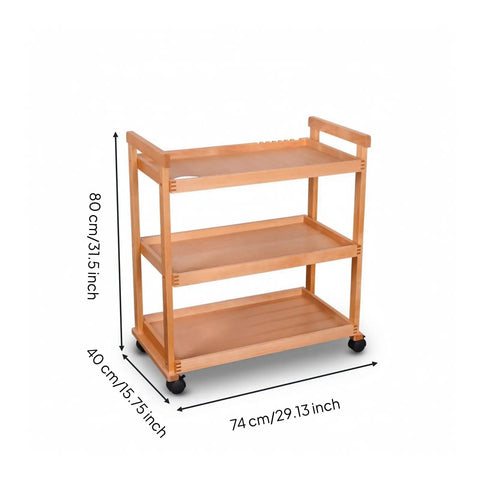 Sturdy Beech Wood Rolling Art Supply Cart With Wide Three Tier Shelves Secure Side Guards And Silky Smooth Wheels, dimensions visible.