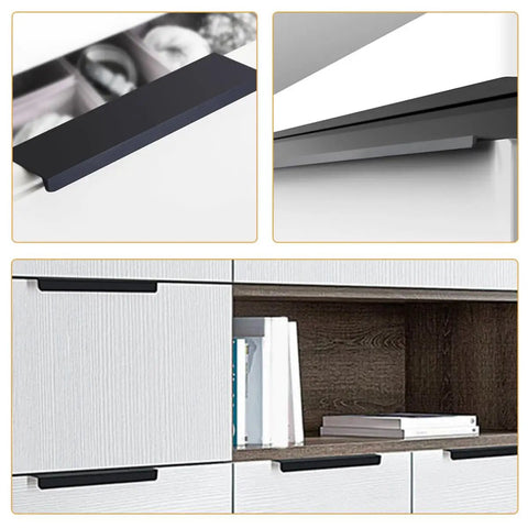 Matte Dark Hidden Cabinet Drawer Pulls 4 Pack, 200mm Extended Kitchen And Wardrobe Door Handles installed in cabinets.
