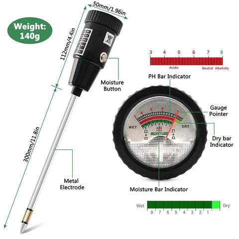 All In One Soil PH Meter And Moisture Sensor For Indoor And Outdoor Gardens And Lawns, Waterproof 295mm Long Metal Electrode