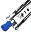 Beefy Heavy Duty Drawer Slide With Lock In And Lock Out For 10 To 60 Inch Drawers, Three Fold Guide, Smooth Silent Operation, Rust Resistant Electroplated And Powder Coated Finish, Tough Steel Construction For Long Lasting Performance, close-up with blue release handle
