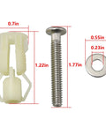 Heavy Duty Two Piece Toilet Seat Hinge Screw Set Delivering Zero Sweat Installation Featuring Slick Abs Washers And Rust Resistant Stainless Bolts, parts shown with dimensions.