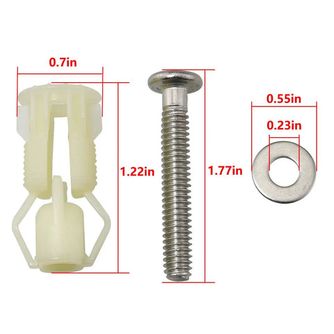 Heavy Duty Two Piece Toilet Seat Hinge Screw Set Delivering Zero Sweat Installation Featuring Slick Abs Washers And Rust Resistant Stainless Bolts, parts shown with dimensions.