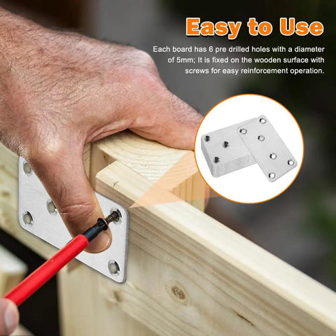 Installation of Beefy Heavy Duty Wood Brackets Set 10pcs Stainless Steel Flat Mending Plates 80x40x1.75mm on wooden surface