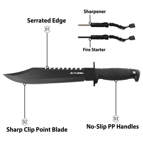 Survival Knife With Sheath 15 Inch Fixed Blade Bowie Ultra Sharp Stainless Steel Clip Point with serrated edge and black handle