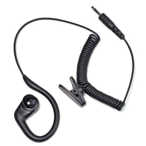 Three Point Five Millimeter Listen Only Earpiece For Ham Radio And Speaker Mics with coiled cable and clip visible