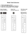 Blade teeth selection chart for cutting metal with bi-metal bandsaw blade for stainless steel, M42 grade.
