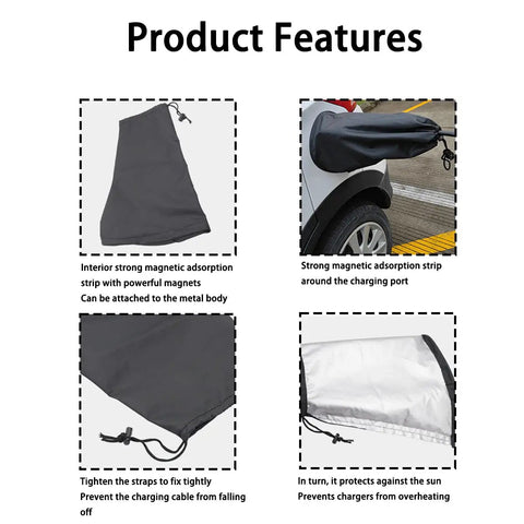Top Tier EV Charger Plug Cover With Tight Magnetic Seal Waterproof Outer Shell Blocking Rain Sun UV And Snow Hella Durable Polyester Fabric Keep Your Gear Safe In Black, featuring strong magnetic strips.