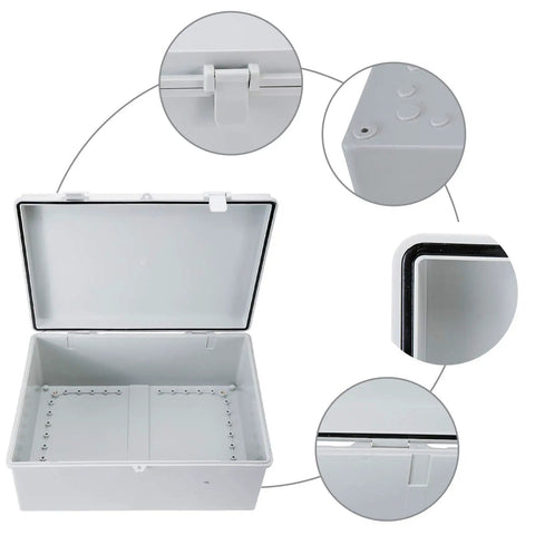 Rugged ABS Electrical Enclosure Box With Lock Dustproof IP65 Waterproof Junction Project Case, open view and close-up details