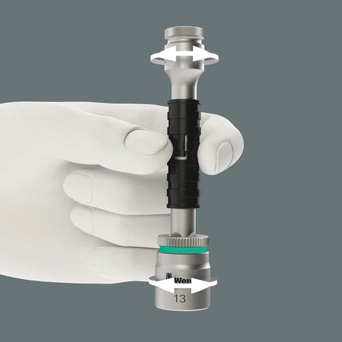 Hand holding Zyklop 8796 SB Extension For Three Eighths Inch Square Drive, 125mm Length, showing freewheel sleeve and ball lock.