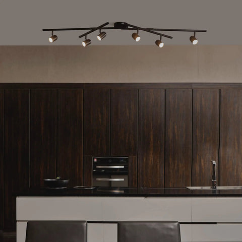 6 Light Foldable LED Integrated Track Lighting Slick Matte Black With Center Swivel Heads in modern kitchen setting