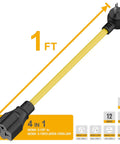 Heavy Duty Four In One NEMA Adapter Cord 12AWG For 5 15P To 5 15R 5 20R 6 15R 6 20R Indoor Outdoor SJTW Extension Cable shown in yellow.
