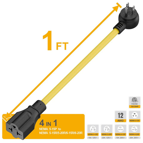 Heavy Duty Four In One NEMA Adapter Cord 12AWG For 5 15P To 5 15R 5 20R 6 15R 6 20R Indoor Outdoor SJTW Extension Cable shown in yellow.