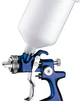 Top Shelf High Transfer Paint Spray Gun With 1.3mm Nozzle And Resilient Plastic Cup Featuring Integrated Regulator showing side view.