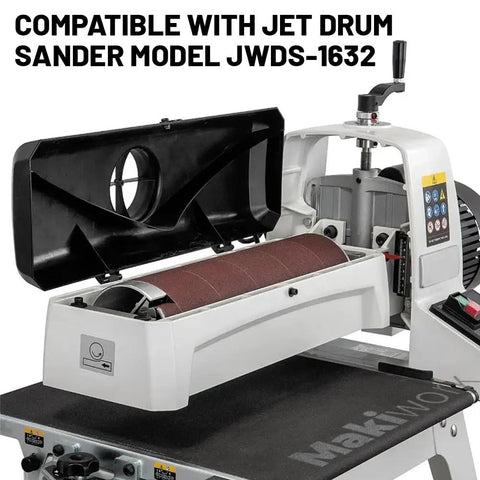 Drum Sander Conveyor Feed Belt 100 Grit Silicon Carbide Fits JWDS-1632 Drum Sander displayed open for smooth sanding