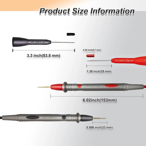 Pro Grade 49 Inch Silicone Multimeter Lead Kit With Gold Plated Probes, Alligator Clips And 0.8mm Back Probe Needles size diagram