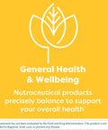 General health and wellbeing nutraceutical products statement on a yellow background with a leaf motif.