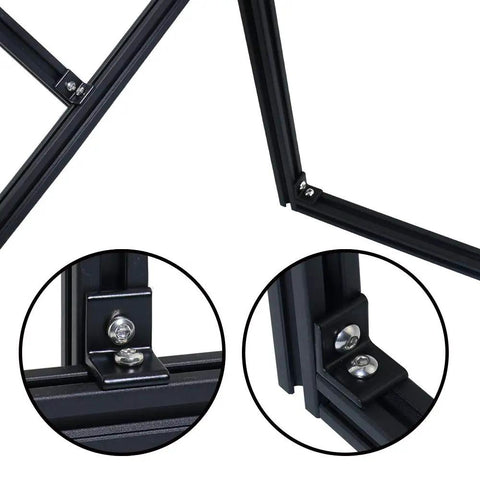 2 Hole Black 90 Degree Inside Corner Bracket Kit for 2020 Aluminum Extrusion with T Nuts and Hex Screws, installed on frame