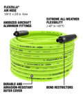 Ultra Flexible Lightweight Hybrid Air Hose 3/8 Inch By 100 Ft With 1/4 Inch Mnpt Fittings, coiled with durable cover and bend restrictors.