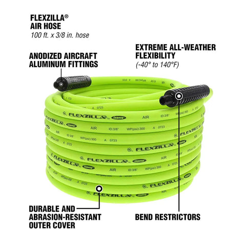 Ultra Flexible Lightweight Hybrid Air Hose 3/8 Inch By 100 Ft With 1/4 Inch Mnpt Fittings, coiled with durable cover and bend restrictors.