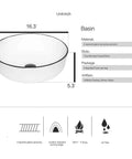 White Ceramic Vessel Sink For Countertop Install Round Above Counter Porcelain Basin With Black Faucet And Pop Up Drain Scratch Resistant Dope Finish Easy Clean Surface Sleek Modern Gift Idea For Home Renovation, showing dimensions and material details.