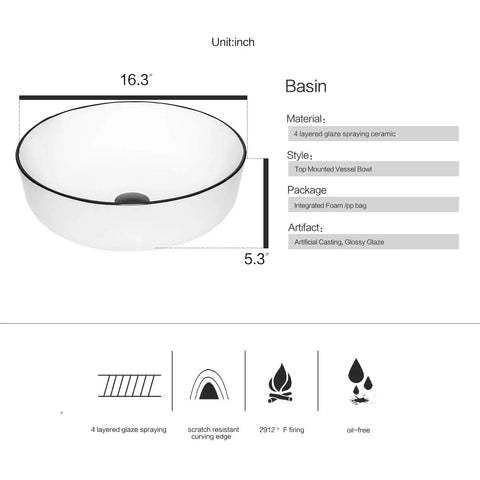 White Ceramic Vessel Sink For Countertop Install Round Above Counter Porcelain Basin With Black Faucet And Pop Up Drain Scratch Resistant Dope Finish Easy Clean Surface Sleek Modern Gift Idea For Home Renovation, showing dimensions and material details.