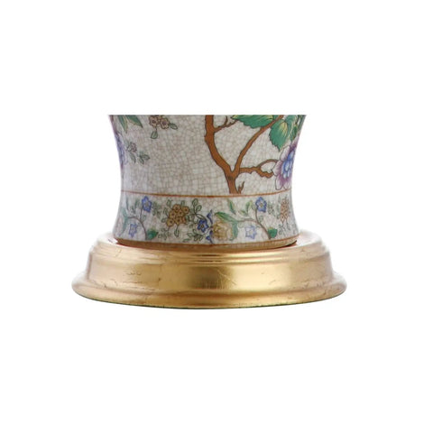 Base detail of 24 Inch Tall Multicolor Gold French Country Ceramic Floral Urn Table Lamp With White Linen Shade Chinoiserie Ginger Jar Bedside Lamp