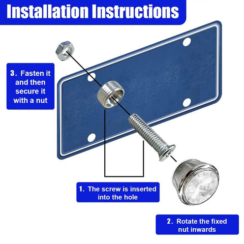Installation instructions for Smooth Shine Sparkling Rhinestone License Plate Screws With Security Anti Theft Caps, showing screw and nut.
