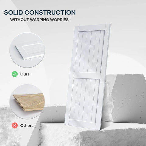 Slick White Barn Door With Solid Wood Core And Waterproof Vinyl Panel Including H Frame Sliding Hardware Kit Plus Handle For Hassle Free Plug And Play Install And Smooth Movement Fits Standard 32 To 34 Inch Openings Measuring 36 By 84 Inches, showcasing solid construction.