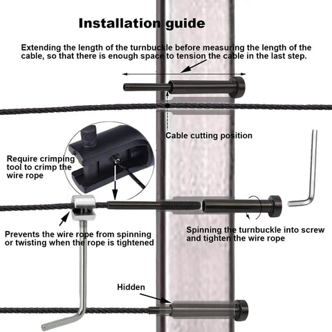 Black Invisible Cable Railing Kit With Hidden Turnbuckles For Wood And Metal Posts installation guide showing turnbuckle tools.