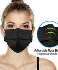 Bulk Black Disposable Face Masks For Adults, 3 Ply Breathable Earloop; close-up of mask with adjustable nose bridge