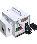 Heavy Duty 60W Electric Terminal Crimping Machine With Foot Pedal And LED Light, side view showing controls and pedal.