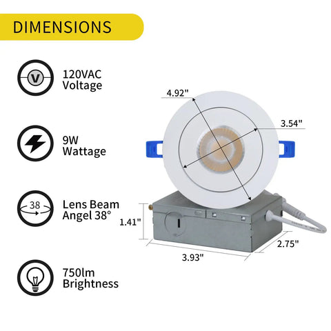 KnLnny Ware Recessed Lighting, Ajustable Eyeball recessed Light with Junction Box, 4.92" diameter, 9W, 750lm brightness.