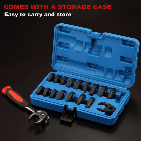 18 Piece 3 8 Inch Drive Crowfoot Flare Nut Wrench Set With Organizer Box SAE And Metric Sizes in blue storage case on black