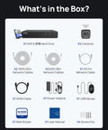 Contents of 8-Channel PoE Security System With 4 Cameras, 3K 5MP Ultra Clear Video, Color Night Vision, NVR, cables, and accessories.