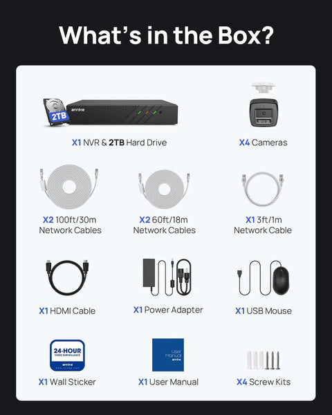 Contents of 8-Channel PoE Security System With 4 Cameras, 3K 5MP Ultra Clear Video, Color Night Vision, NVR, cables, and accessories.