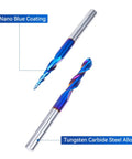 Close-up of 4 Piece Ball Nose Router Bit Set With One Quarter Inch Shank And Three Inch Overall Length Nano Blue Coated Spiral Bits