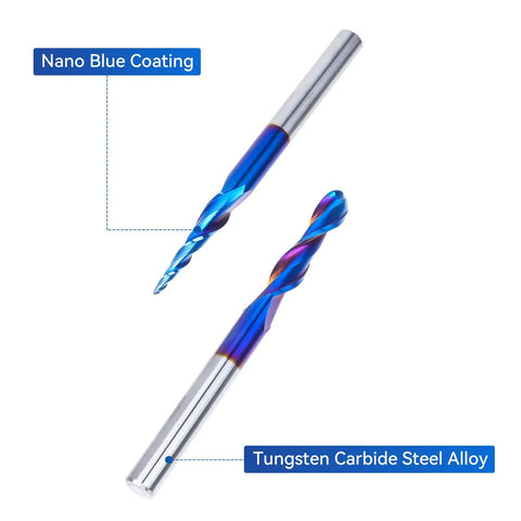 Close-up of 4 Piece Ball Nose Router Bit Set With One Quarter Inch Shank And Three Inch Overall Length Nano Blue Coated Spiral Bits