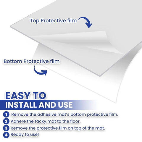 Rock Solid Adhesive Floor Mats 4 Pack Grip Tight Cleanroom Traps showing top and bottom protective films for installation.