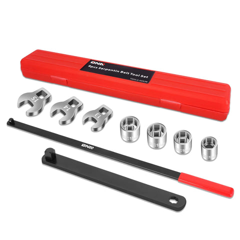 9 Piece Serpentine Belt Tool Set With Belt Tensioner Wrenches For Easy Install And Removal In Tight Engine Bays Case Included Automotive Maintenance Kit For Spring Loaded Pulleys Durable Steel Construction Pro Grade displayed with red case and various tool pieces.