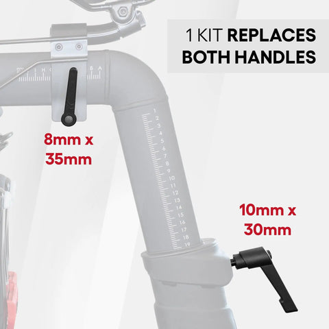 Replacement Seat And Handlebar Slide Adjustment Handles L Handle For All Peloton Bikes 2 Pack Heavy Duty Aluminum Upgrade Fits Original Peloton Bike Bike Plus And Cross Training Bike, showing 8mm x 35mm seat slider and 10mm x 30mm bar rise handle on gray bike frame.