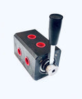 Built To Last Heavy Duty Hydraulic 6 Way Diverter Valve With 3/8 Inch BSPT Ports Alloy Steel Construction Cataphoresis Coating Dual Input Four Output Flow Control For Dual Actuator Systems, lever view