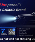 Graphic showing Sinoparcel branding with car headlight beam highlighting features like lifetime support and 2-year warranty.
