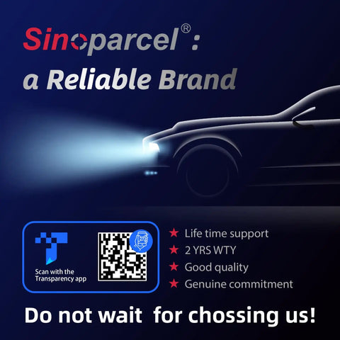 Graphic showing Sinoparcel branding with car headlight beam highlighting features like lifetime support and 2-year warranty.