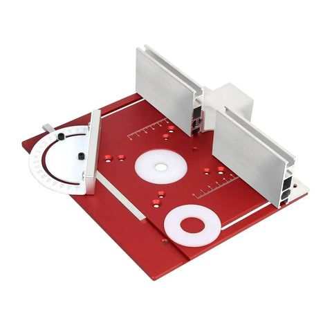 Top Shelf Aluminum Router Table Insert Plate With Quick Flip Top And Precision Miter Gauge, bold red finish, heavy duty design.