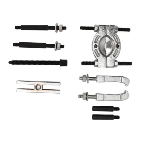 Heavy Duty Hub Shaft Puller Set With Convertible Jaws And Bearing Separator Tools For Removing Small Wheel Bearings From Front Rear Hubs Plus Pinion Gears And Axle Drive Shafts Helping You Save Big Money On Car Fixes While Skipping Shop Fees. steel puller parts on white background