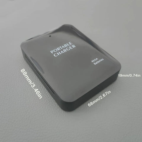 Battery Operated Phone Charger With LED Light And USB Output Emergency Power Bank Powered By 4 AA Batteries Portable 2 Pack Black Handy Backup Charger For Smartphones And Small Devices shown with dimensions on a gray background.
