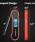 Ultra Fast 0.5 Second Digital Meat Thermometer With Plus Minus 0.5 F Precision, side and front view, red, compact design