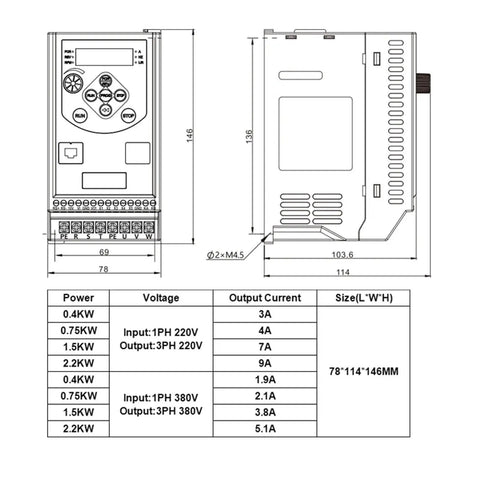 Compact Variable Frequency Drive Inverter For Three Motors 0.4 0.75 1.5 2.2KW 220V Budget Friendly Mini VFD Speed Controller For Industrial Equipment And DIY Projects with dimensions and terminal layout