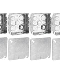 Four Inch Square Electrical Box With Cover, One And A Half Inch Deep Metal Junction Box, 21 Cu In Capacity, Galvanized Steel, 16 Knockouts