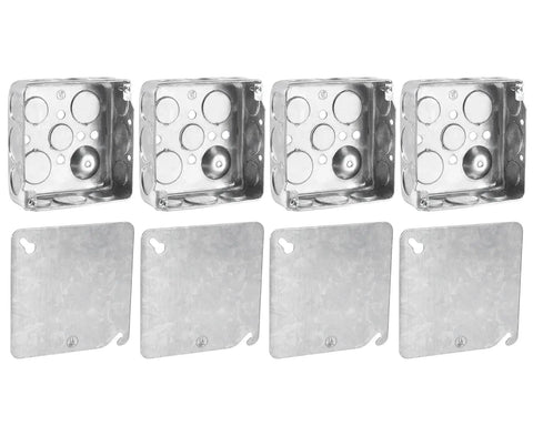 Four Inch Square Electrical Box With Cover, One And A Half Inch Deep Metal Junction Box, 21 Cu In Capacity, Galvanized Steel, 16 Knockouts